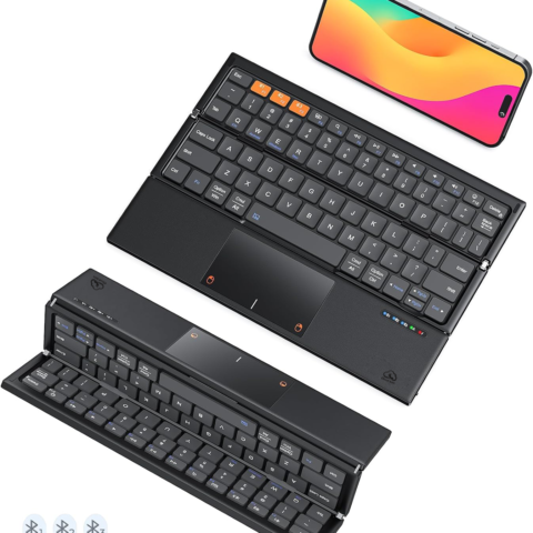Clound Ants Foldable Bluetooth Keyboard with Touchpad, Tri-Folding Compact Box Portable Keyboard, Rechargeable Wireless Travel Keyboards with Trackpad for iPad Smartphone Laptop PC Windows iOS Mac Android