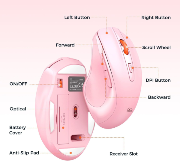 Clound Ants Wireless Keyboard and Mouse, Full-Sized Cordless Keyboard with Wrist Rest, 3 DPI Adjustable Mouse, Keyboard and Mouse Set with 2.4GHz USB Receiver, for PC/Computer/Laptop/Windows/Mac, Pink
