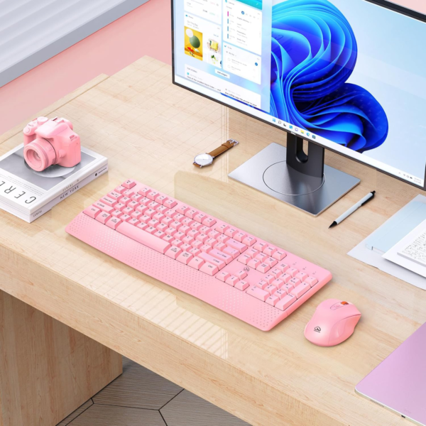 Clound Ants Wireless Keyboard and Mouse, Full-Sized Cordless Keyboard with Wrist Rest, 3 DPI Adjustable Mouse, Keyboard and Mouse Set with 2.4GHz USB Receiver, for PC/Computer/Laptop/Windows/Mac, Pink