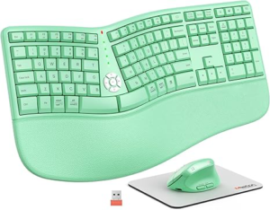 clound ants Ergonomic Keyboard and Mouse, Ergo Wireless Keyboard with Vertical Mouse, Split Curved Keyboard with Wrist Rest, Full Size Natural Typing, Windows/Mac/Computer/Laptop, Green