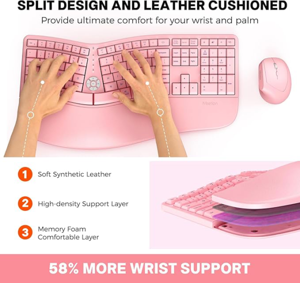 Clound ants Ergonomic Keyboard and Mouse Combo, 2.4G Cordless Split Keyboard with Cushioned Palm Rest, Vertical Wireless Mouse, Natural Typing Full Size Keyboard, for Windows/Mac Pink