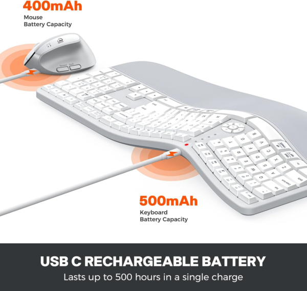 Clound Ants Ergonomic Keyboard and Mouse, Wireless Keyboard with Vertical Mouse, Split Curved Keyboard with Wrist Rest, Natural Typing Rechargeable Full Size, Windows/Mac/Computer/Laptop, Gray