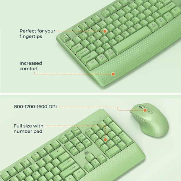 Clound Ants  Wireless Keyboard and Mouse, Full-Sized Cordless Keyboard with Wrist Rest and 3 DPI Adjustable Mouse, 2.4G Wireless, Compatible with PC/Computer/Laptop/Windows/Mac, Green