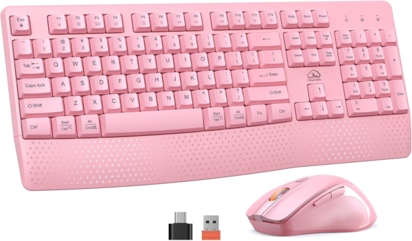 Clound Ants Wireless Keyboard and Mouse, Full-Sized Cordless Keyboard with Wrist Rest, 3 DPI Adjustable Mouse, Keyboard and Mouse Set with 2.4GHz USB Receiver, for PC/Computer/Laptop/Windows/Mac, Pink