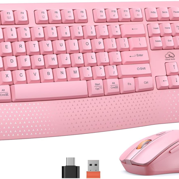 Clound Ants Wireless Keyboard and Mouse, Full-Sized Cordless Keyboard with Wrist Rest, 3 DPI Adjustable Mouse, Keyboard and Mouse Set with 2.4GHz USB Receiver, for PC/Computer/Laptop/Windows/Mac, Pink