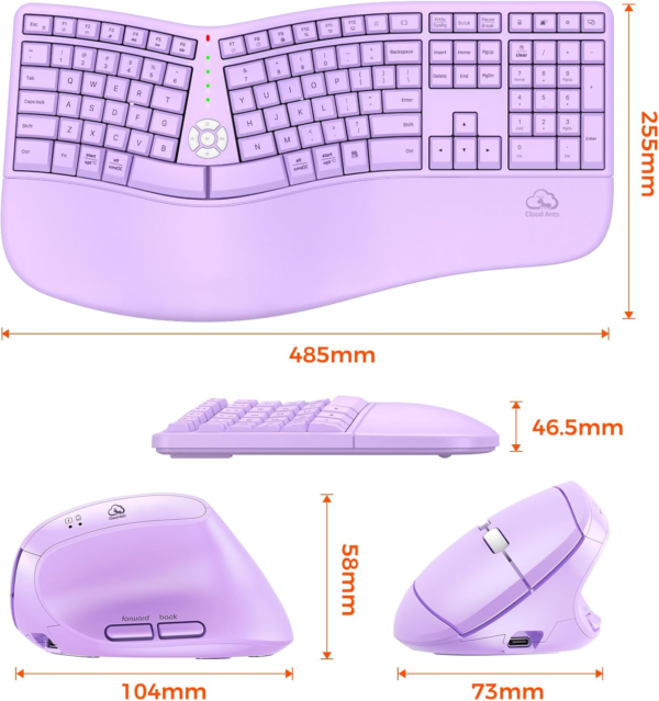 clound ants Ergonomic Wireless Keyboard and Mouse, Curved Keyboard with Vertical Mouse, Split Ergo Keyboard with Wrist Rest, Natural Typing Rechargeable Full...