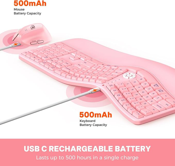 Clound ants Ergonomic Keyboard and Mouse Combo, 2.4G Cordless Split Keyboard with Cushioned Palm Rest, Vertical Wireless Mouse, Natural Typing Full Size Keyboard, for Windows/Mac Pink