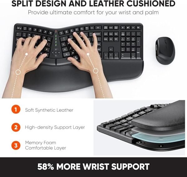 Clound ants Ergonomic Keyboard and Mouse, Wireless Keyboard with Vertical Mouse, Split Curved Keyboard with Wrist Rest, Natural Typing USB Receiver Rechargeable Full Size, Windows/Mac/PC/Laptop, Large