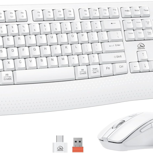Clound Ants Wireless Keyboard and Mouse White, 2.4G USB Receiver Plug-and-Play, Computer Keyboard with Wrist Support, 3 Level DPI Mouse, Long Time Lasting Battery for PC/Mac/Windows/Laptop, White