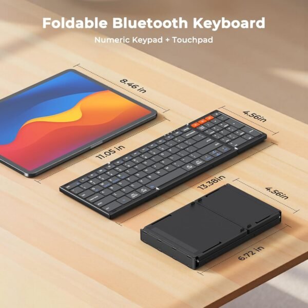 Clound Ants Foldable Bluetooth Keyboard with Touchpad, 3 Devices Portable Wireless Keyboard with Numeric Keypad, Full Size Rechargeable Business Travel for iPad Mobile Phone Laptop PC iOS Android Windows Mac