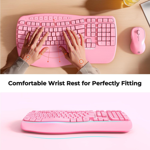 Clound Ants Ergonomic Keyboard and Mouse Wireless, Wave Keys Natural Typing, 2.4G Wireless Keyboard with Wrist Rest, 4 Adjustable DPI Mouse, Computer/Laptop/Windows/Mac, Pink