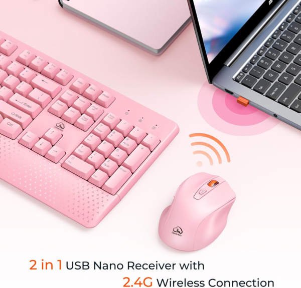 Clound Ants Wireless Keyboard and Mouse, Full-Sized Cordless Keyboard with Wrist Rest, 3 DPI Adjustable Mouse, Keyboard and Mouse Set with 2.4GHz USB Receiver, for PC/Computer/Laptop/Windows/Mac, Pink