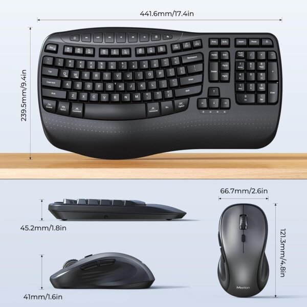 Clound Ants Ergonomic Keyboard and Mouse Wireless Combo, Wave Keys Natural Typing, 2.4G USB Receiver Wireless Keyboard with Wrist Rest, 4 Adjustable DPI Optical Mouse, Computer/Laptop/Windows/Mac, Black