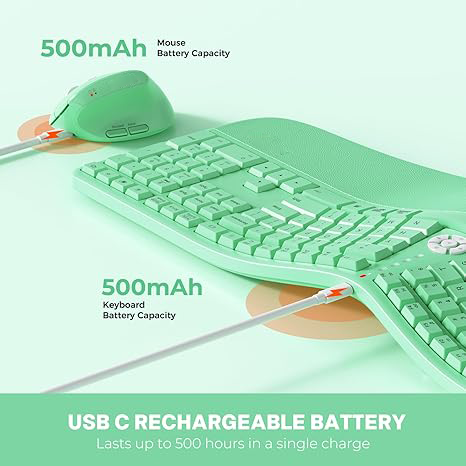 clound ants Ergonomic Keyboard and Mouse, Ergo Wireless Keyboard with Vertical Mouse, Split Curved Keyboard with Wrist Rest, Full Size Natural Typing, Windows/Mac/Computer/Laptop, Green