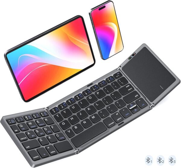 Clound Ants Foldable Bluetooth Keyboard with Touchpad, 3 Devices Portable Wireless Keyboard with Numeric Keypad, Full Size Rechargeable Business Travel for iPad Mobile Phone Laptop PC iOS Android Windows Mac