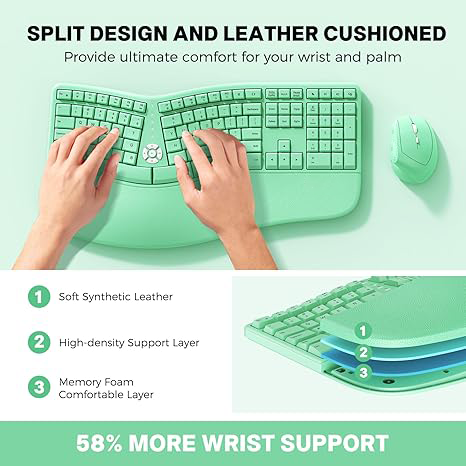 clound ants Ergonomic Keyboard and Mouse, Ergo Wireless Keyboard with Vertical Mouse, Split Curved Keyboard with Wrist Rest, Full Size Natural Typing, Windows/Mac/Computer/Laptop, Green