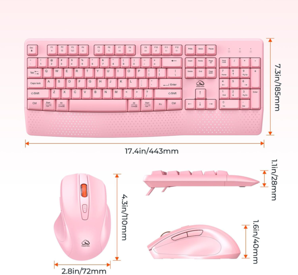 Clound Ants Wireless Keyboard and Mouse, Full-Sized Cordless Keyboard with Wrist Rest, 3 DPI Adjustable Mouse, Keyboard and Mouse Set with 2.4GHz USB Receiver, for PC/Computer/Laptop/Windows/Mac, Pink