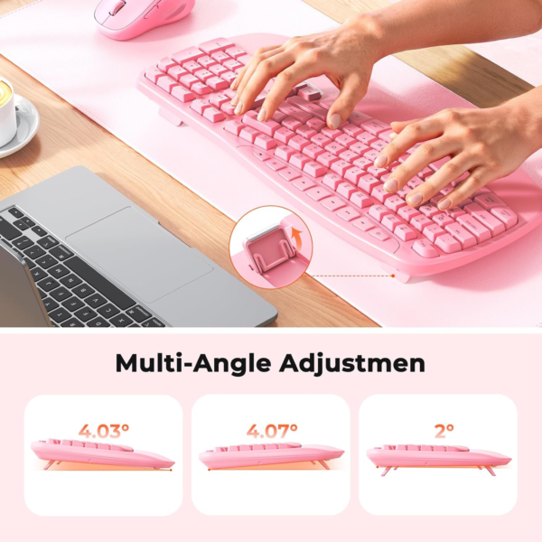 Clound Ants Ergonomic Keyboard and Mouse Wireless, Wave Keys Natural Typing, 2.4G Wireless Keyboard with Wrist Rest, 4 Adjustable DPI Mouse, Computer/Laptop/Windows/Mac, Pink