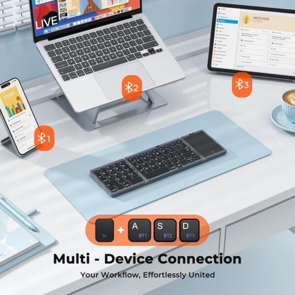 Clound Ants Foldable Bluetooth Keyboard with Touchpad, 3 Devices Portable Wireless Keyboard with Numeric Keypad, Full Size Rechargeable Business Travel for iPad Mobile Phone Laptop PC iOS Android Windows Mac