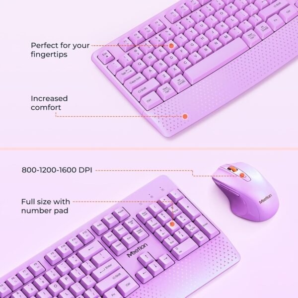 Clound Ants Wireless Keyboard and Mouse, Full-Sized Cordless Keyboard with Wrist Rest and 3 DPI Adjustable Mouse, 2.4G Wireless, Purple, for PC/Computer/Laptop/Windows/Mac