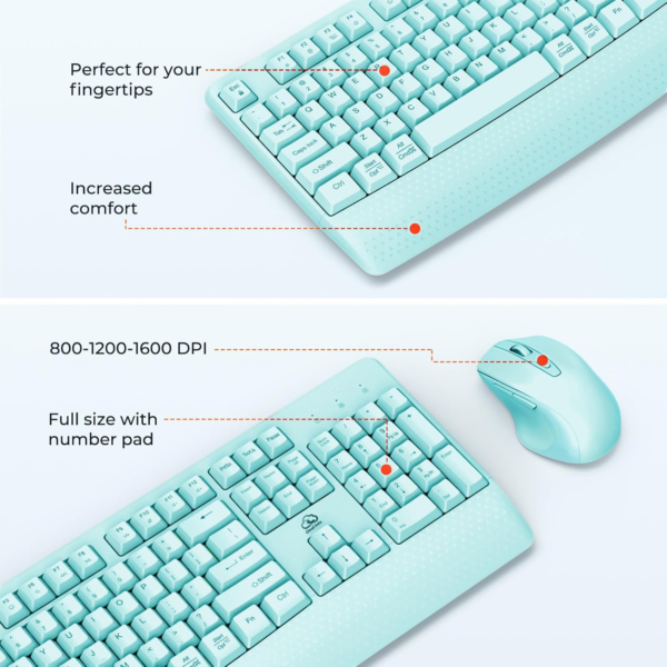 Clound ants Wireless Keyboard and Mouse, Full-Sized Cordless Keyboard with Wrist Rest, 3 DPI Adjustable Mouse, 2.4GHz USB-A Receiver, Computer Keyboard for PC/Computer/Laptop/Windows/Mac, Blue