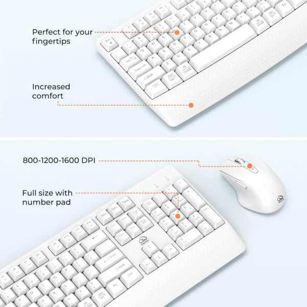 Clound Ants Wireless Keyboard and Mouse White, 2.4G USB Receiver Plug-and-Play, Computer Keyboard with Wrist Support, 3 Level DPI Mouse, Long Time Lasting Battery for PC/Mac/Windows/Laptop, White