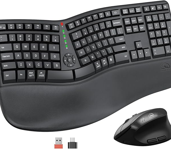Clound ants Ergonomic Keyboard and Mouse, Wireless Keyboard with Vertical Mouse, Split Curved Keyboard with Wrist Rest, Natural Typing USB Receiver Rechargeable Full Size, Windows/Mac/PC/Laptop, Large
