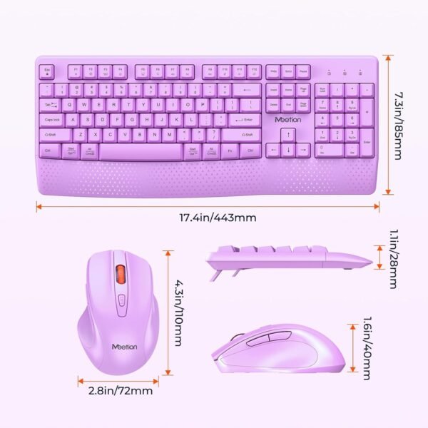 Clound Ants Wireless Keyboard and Mouse, Full-Sized Cordless Keyboard with Wrist Rest and 3 DPI Adjustable Mouse, 2.4G Wireless, Purple, for PC/Computer/Laptop/Windows/Mac