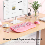 Clound Ants Ergonomic Keyboard and Mouse Wireless, Wave Keys Natural Typing, 2.4G Wireless Keyboard with Wrist Rest, 4 Adjustable DPI Mouse, Computer/Laptop/Windows/Mac, Pink