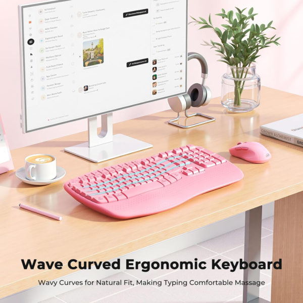 Clound Ants Ergonomic Keyboard and Mouse Wireless, Wave Keys Natural Typing, 2.4G Wireless Keyboard with Wrist Rest, 4 Adjustable DPI Mouse, Computer/Laptop/Windows/Mac, Pink