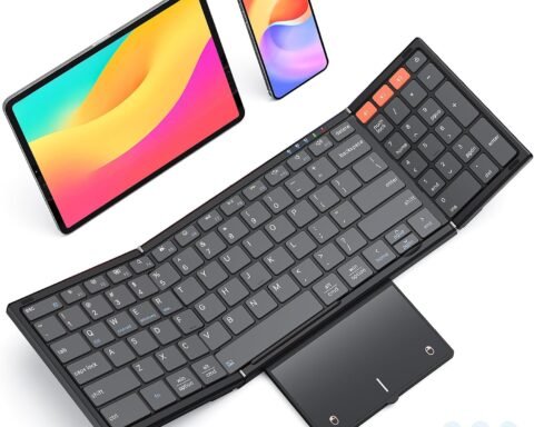 Clound Ants Foldable Bluetooth Keyboard with Touchpad, 3 Devices Portable Wireless Keyboard with Numeric Keypad, Full Size Rechargeable Business Travel for iPad Mobile Phone Laptop PC iOS Android Windows Mac