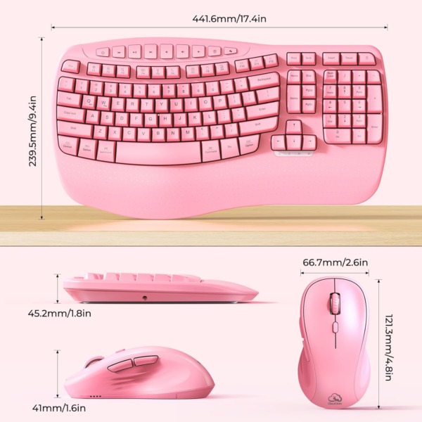 Clound Ants Ergonomic Keyboard and Mouse Wireless, Wave Keys Natural Typing, 2.4G Wireless Keyboard with Wrist Rest, 4 Adjustable DPI Mouse, Computer/Laptop/Windows/Mac, Pink