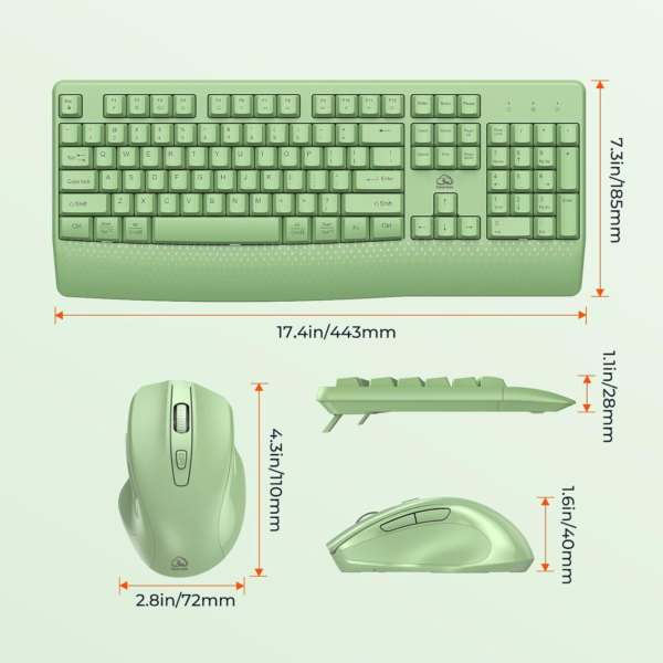 Clound Ants  Wireless Keyboard and Mouse, Full-Sized Cordless Keyboard with Wrist Rest and 3 DPI Adjustable Mouse, 2.4G Wireless, Compatible with PC/Computer/Laptop/Windows/Mac, Green