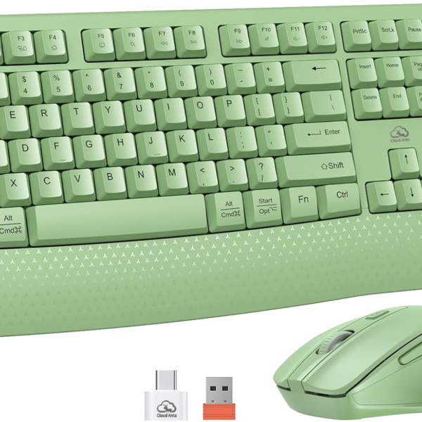 Clound Ants  Wireless Keyboard and Mouse, Full-Sized Cordless Keyboard with Wrist Rest and 3 DPI Adjustable Mouse, 2.4G Wireless, Compatible with PC/Computer/Laptop/Windows/Mac, Green