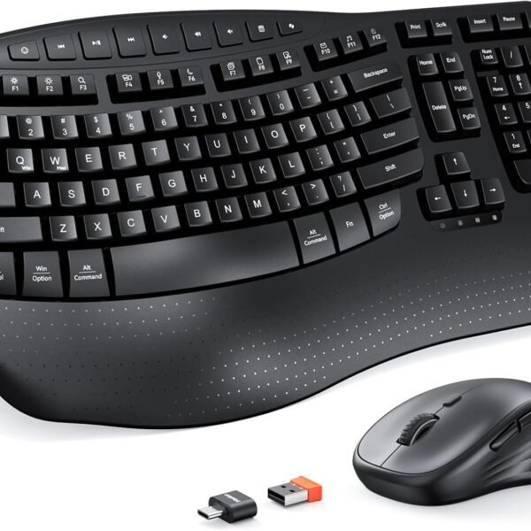 Clound Ants Ergonomic Keyboard and Mouse Wireless Combo, Wave Keys Natural Typing, 2.4G USB Receiver Wireless Keyboard with Wrist Rest, 4 Adjustable DPI Optical Mouse, Computer/Laptop/Windows/Mac, Black