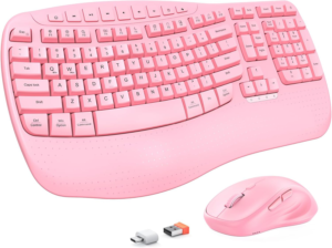 Clound Ants Ergonomic Keyboard and Mouse Wireless, Wave Keys Natural Typing, 2.4G Wireless Keyboard with Wrist Rest, 4 Adjustable DPI Mouse, Computer/Laptop/Windows/Mac, Pink