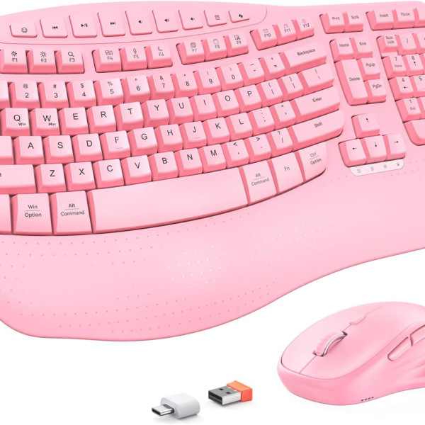 Clound Ants Ergonomic Keyboard and Mouse Wireless, Wave Keys Natural Typing, 2.4G Wireless Keyboard with Wrist Rest, 4 Adjustable DPI Mouse, Computer/Laptop/Windows/Mac, Pink