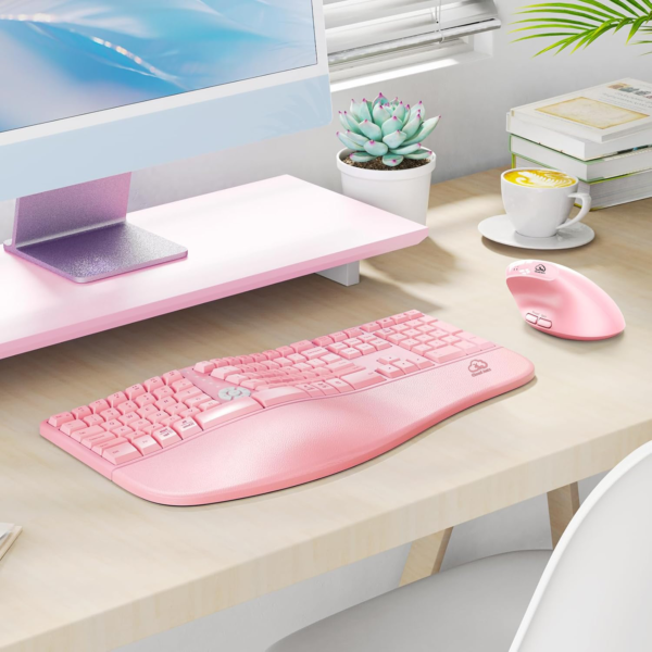 Clound ants Ergonomic Keyboard and Mouse Combo, 2.4G Cordless Split Keyboard with Cushioned Palm Rest, Vertical Wireless Mouse, Natural Typing Full Size Keyboard, for Windows/Mac Pink