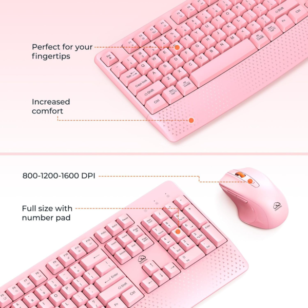 Clound Ants Wireless Keyboard and Mouse, Full-Sized Cordless Keyboard with Wrist Rest, 3 DPI Adjustable Mouse, Keyboard and Mouse Set with 2.4GHz USB Receiver, for PC/Computer/Laptop/Windows/Mac, Pink