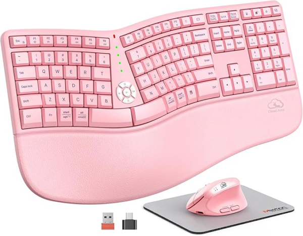 Clound ants Ergonomic Keyboard and Mouse Combo, 2.4G Cordless Split Keyboard with Cushioned Palm Rest, Vertical Wireless Mouse, Natural Typing Full Size Keyboard, for Windows/Mac Pink
