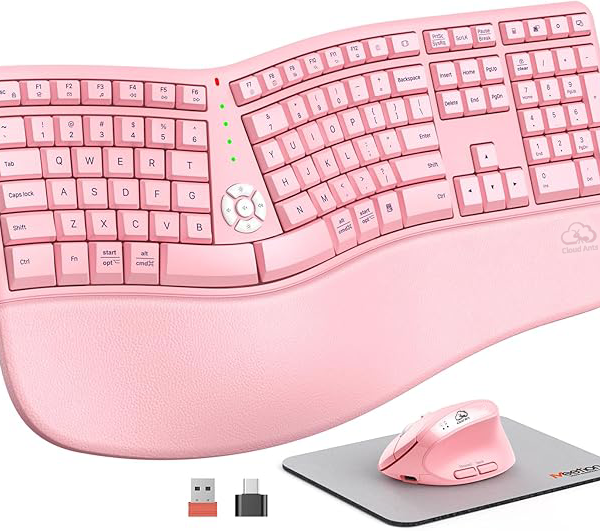 Clound ants Ergonomic Keyboard and Mouse Combo, 2.4G Cordless Split Keyboard with Cushioned Palm Rest, Vertical Wireless Mouse, Natural Typing Full Size Keyboard, for Windows/Mac Pink