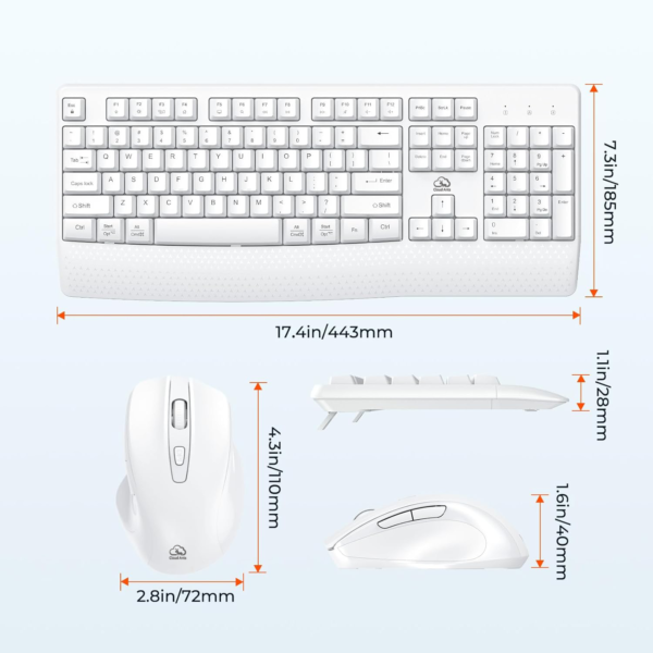 Clound Ants Wireless Keyboard and Mouse White, 2.4G USB Receiver Plug-and-Play, Computer Keyboard with Wrist Support, 3 Level DPI Mouse, Long Time Lasting Battery for PC/Mac/Windows/Laptop, White