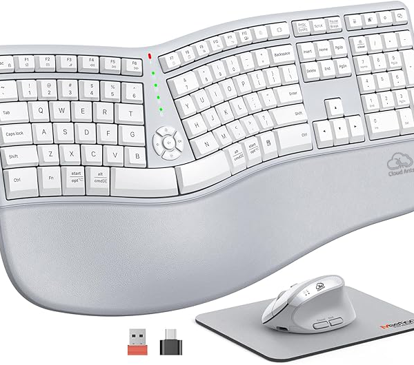 Clound Ants Ergonomic Keyboard and Mouse, Wireless Keyboard with Vertical Mouse, Split Curved Keyboard with Wrist Rest, Natural Typing Rechargeable Full Size, Windows/Mac/Computer/Laptop, Gray