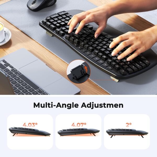 Clound Ants Ergonomic Keyboard and Mouse Wireless Combo, Wave Keys Natural Typing, 2.4G USB Receiver Wireless Keyboard with Wrist Rest, 4 Adjustable DPI Optical Mouse, Computer/Laptop/Windows/Mac, Black