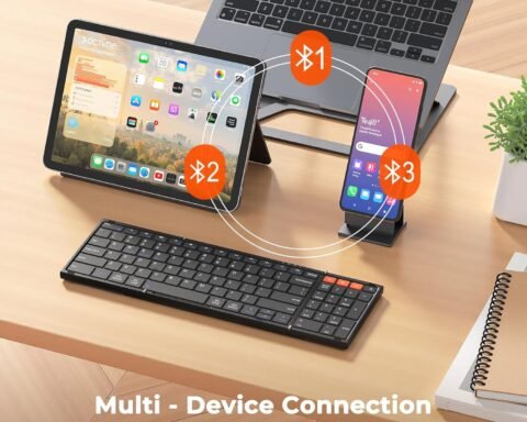 Clound Ants Foldable Bluetooth Keyboard with Touchpad, 3 Devices Portable Wireless Keyboard with Numeric Keypad, Full Size Rechargeable Business Travel for iPad Mobile Phone Laptop PC iOS Android Windows Mac