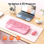 Clound Ants Ergonomic Keyboard and Mouse Wireless, Wave Keys Natural Typing, 2.4G Wireless Keyboard with Wrist Rest, 4 Adjustable DPI Mouse, Computer/Laptop/Windows/Mac, Pink