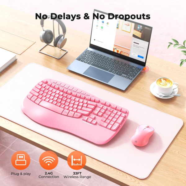 Clound Ants Ergonomic Keyboard and Mouse Wireless, Wave Keys Natural Typing, 2.4G Wireless Keyboard with Wrist Rest, 4 Adjustable DPI Mouse, Computer/Laptop/Windows/Mac, Pink