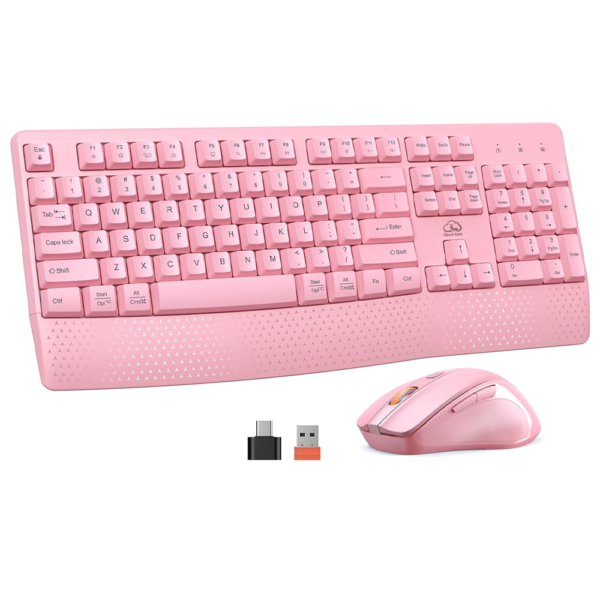 Clound Ants Wireless Keyboard and Mouse, Full-Sized Cordless Keyboard with Wrist Rest, 3 DPI Adjustable Mouse, Keyboard and Mouse Set with 2.4GHz USB Receiver, for PC/Computer/Laptop/Windows/Mac, Pink