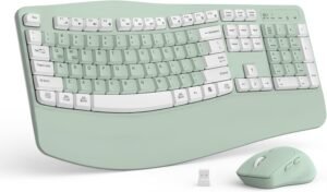 Wireless Keyboard and Mouse Combo, 2.4G Full Size Wave Keys Ergonomic Keyboard with Wrist Rest Natural Typing, 3 DPI Adjustable Ergonomic Mouse for Computer/Laptop/Windows/Mac (Avocado Green-A)