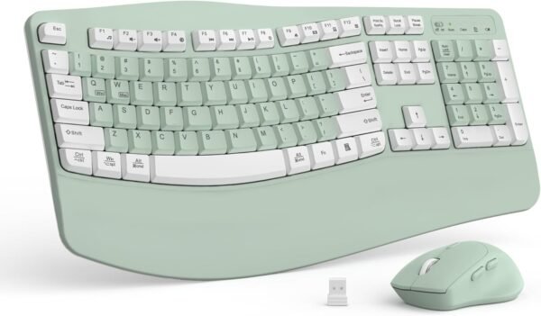 Wireless Keyboard and Mouse Combo, 2.4G Full Size Wave Keys Ergonomic Keyboard with Wrist Rest Natural Typing, 3 DPI Adjustable Ergonomic Mouse for Computer/Laptop/Windows/Mac (Avocado Green-A)